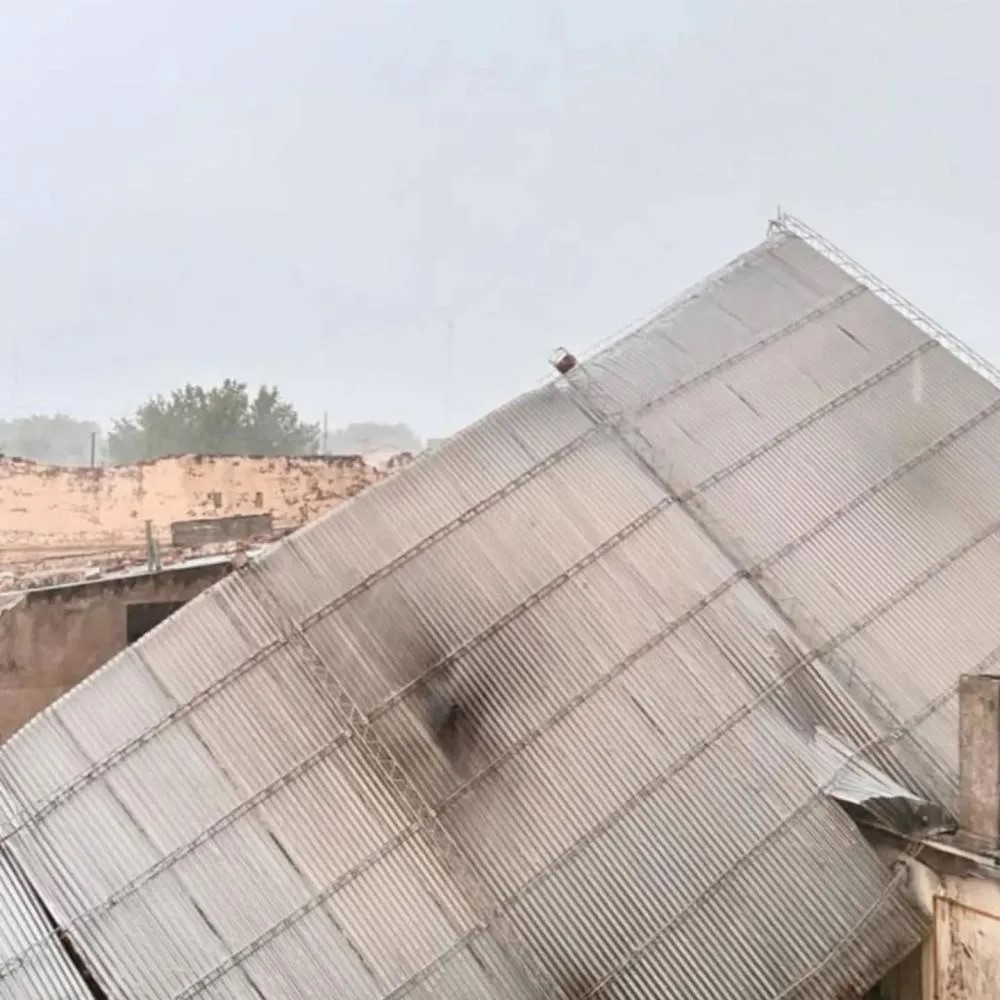 El techo de una vivienda terminó en el patio de una veterinaria.